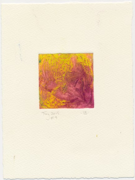 Colourful tiny collagraph print in violet and yellow