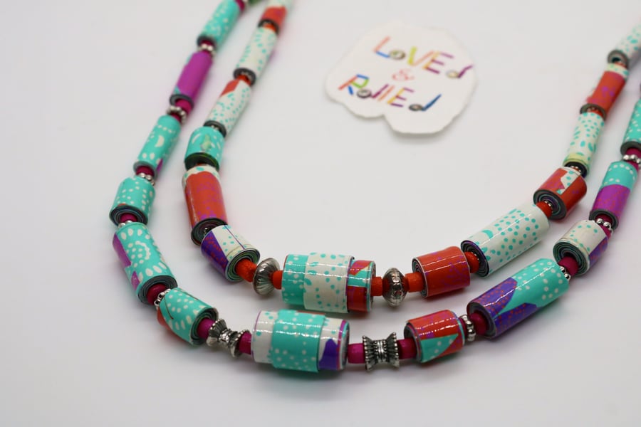Double stranded necklace made with colourful pastel paper beads