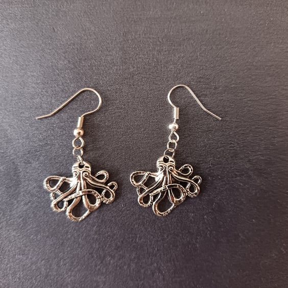 Silver octopus charm dangle earrings 