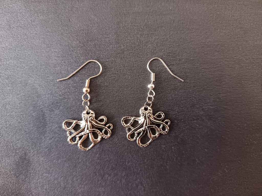 Silver octopus charm dangle earrings 