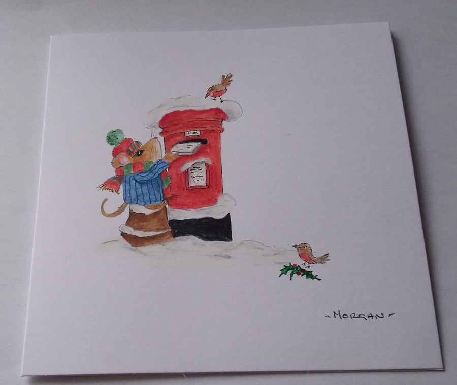 HAND PAINTED WATER COLOUR CARD  OF  MICE at Christmas