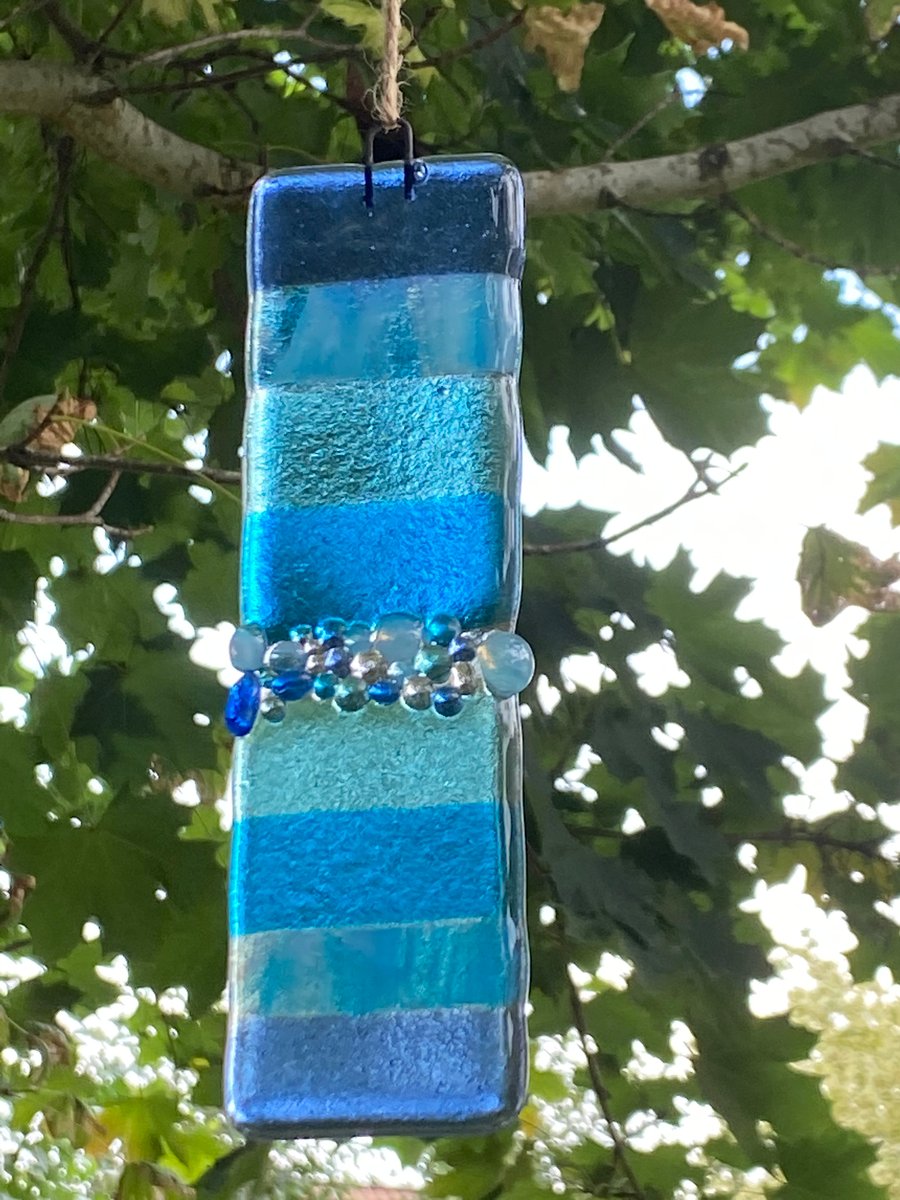 Fused glass blue hanging light catcher