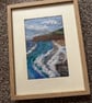 Needle felt coastal beach scene cliffs, waves, cloudy blue sky light wood frame  - Image 3