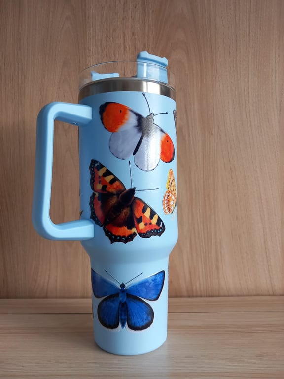 Sky Blue Nature Themed Insects Butterflies 40oz Cup Tumbler Mug