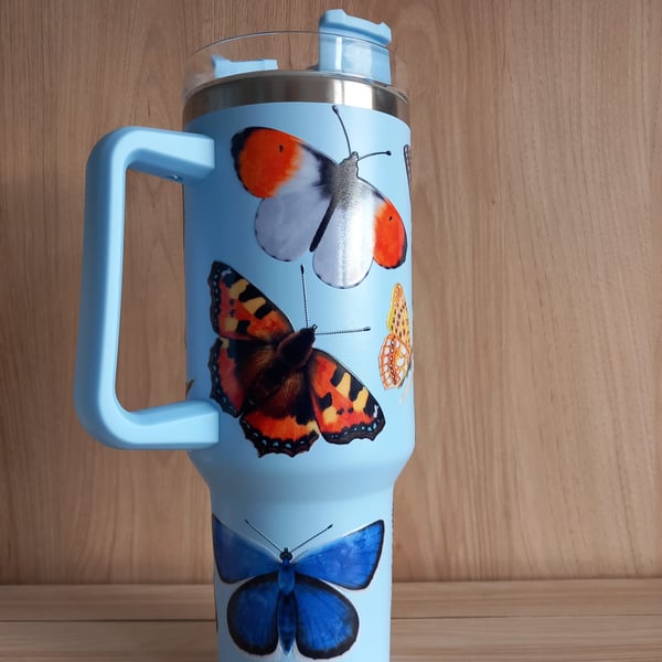 Sky Blue Nature Themed Insects Butterflies 40oz Cup Tumbler Mug