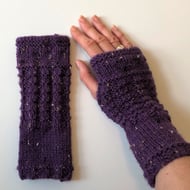 Fingerless Gloves Mittens Wrist Warmers in Purple Tweed Aran Wool