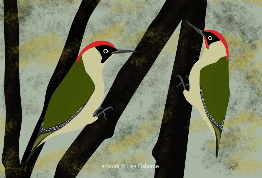 Green woodpeckers - bird art print - countryside