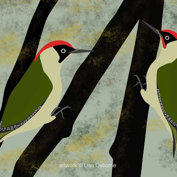 Green woodpeckers - bird art print - countryside