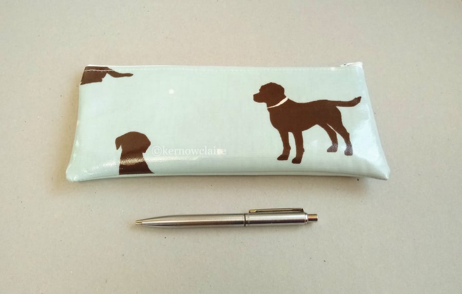 Pale blue pencil case with Labrador dog pattern, wipe clean