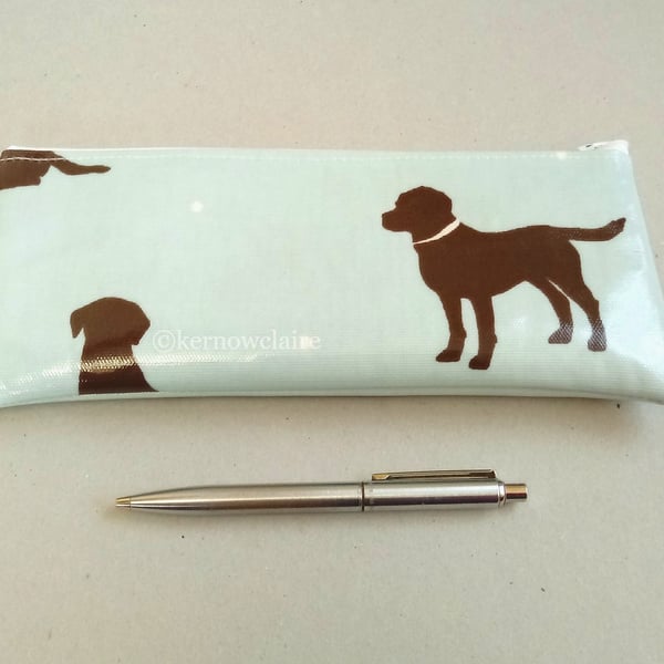 Pale blue pencil case with Labrador dog pattern, wipe clean