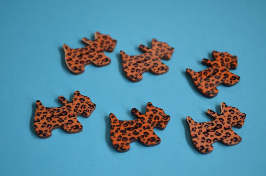 Wooden Scottie Dog Buttons Leopard Print Orange 6pk 28x20mm Scotty Puppy (DG9)