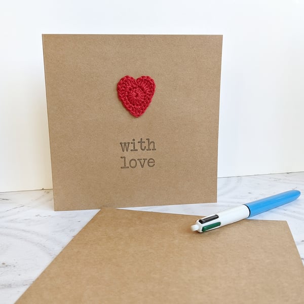 Crochet Heart 'With Love' Card, Anniversary, Valentine, Love Heart, Just Because