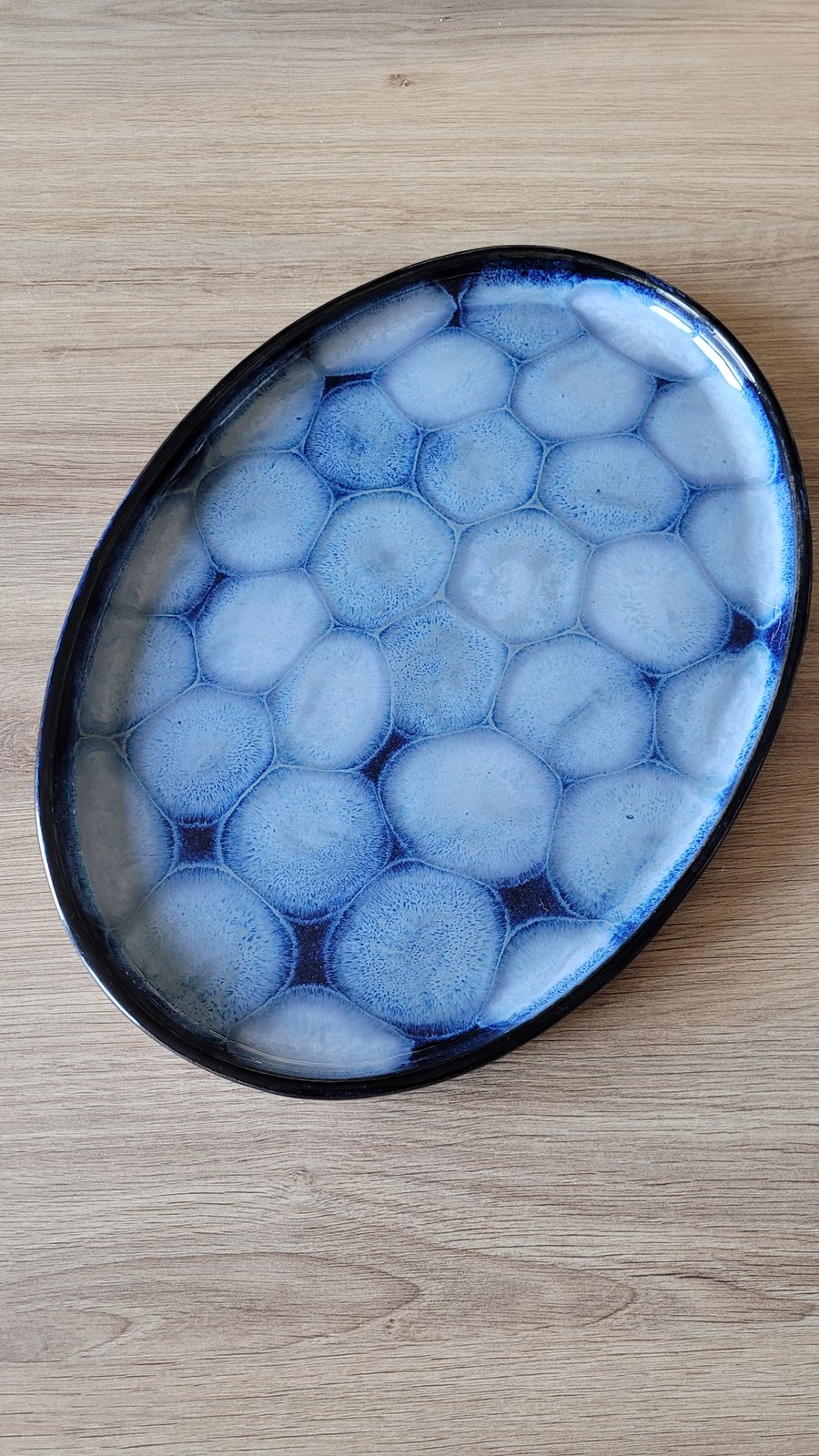 Black-Blue Patterned Oval Platter Handmade Pottery