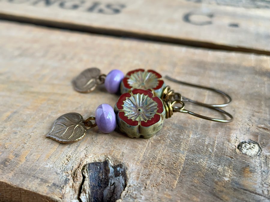 Autumnal Burgundy Red Czech Glass Flower Earrings. Brass Leaf Earrings. 