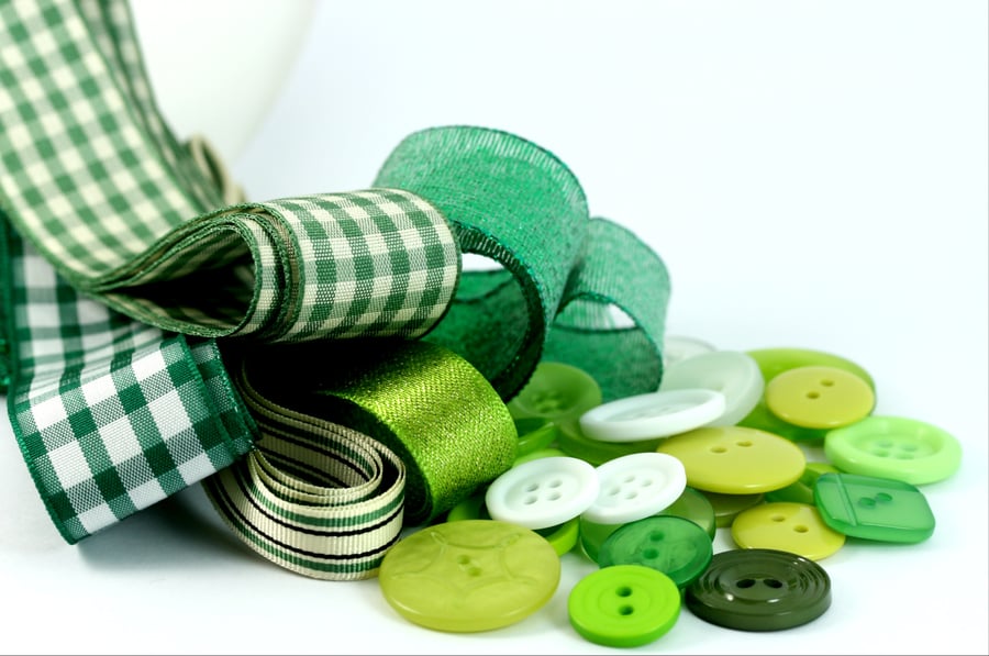 Ribbon and Button Craft Pack in Shades of Green, Assorted Ribbons and Buttons