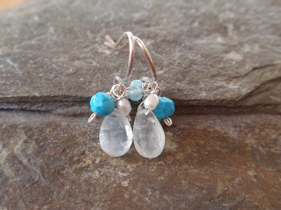 moonstone cluster earrings with turquoise, aquamarine and freshwater pearls