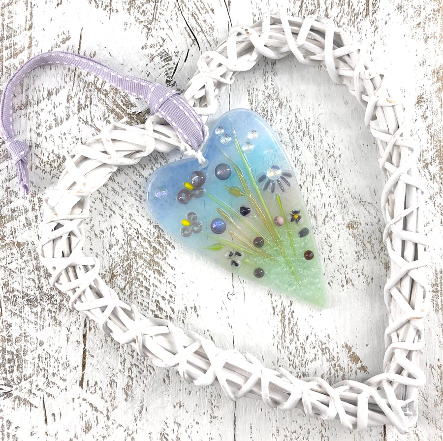 Fused Glass Heart with Lilac & Purple Flowers  in Wicker Hanging Heart on Ribbon