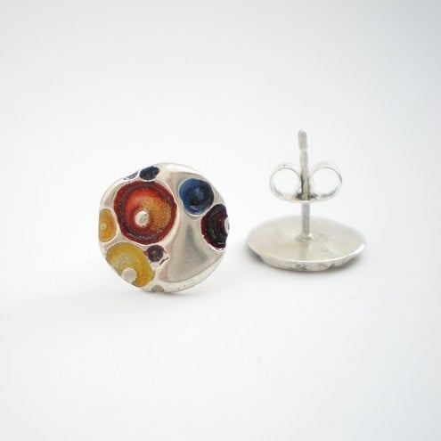 Tiny Round Enamel Silver Post Earrings