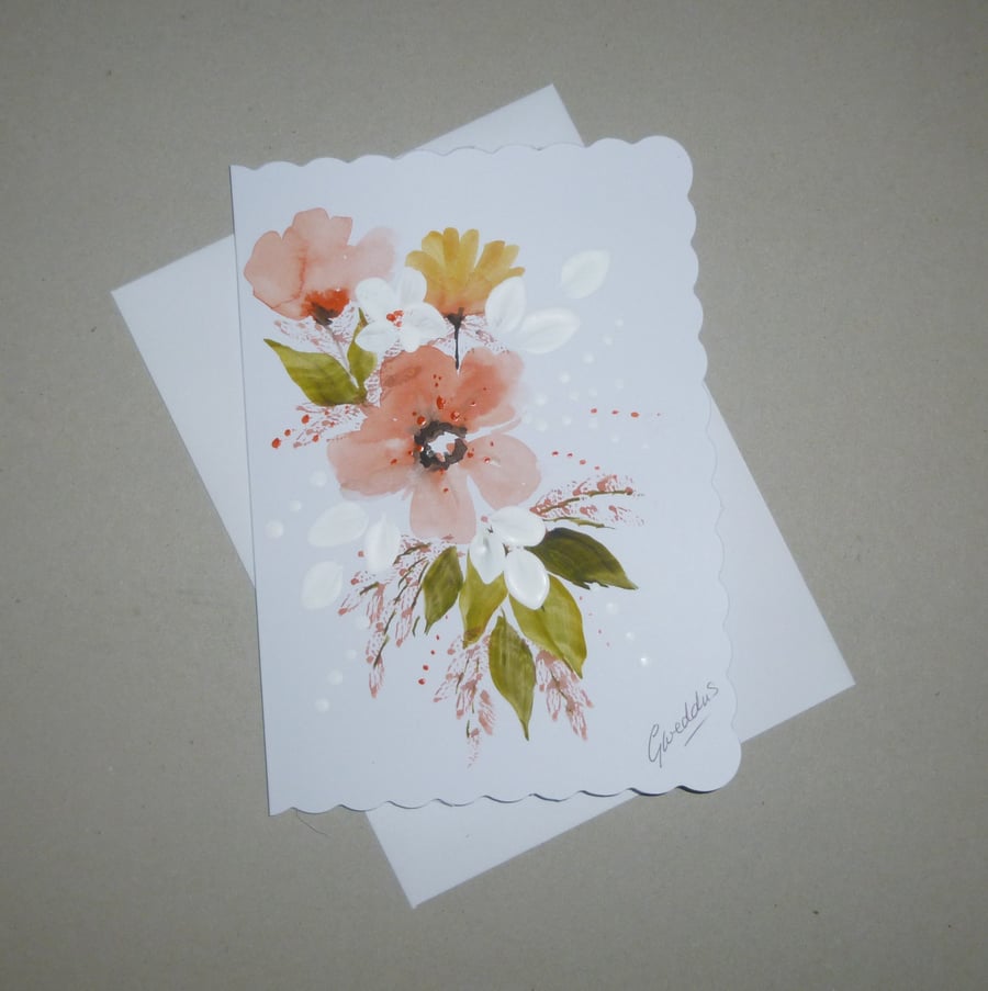 floral hand painted original art blank greetings card ( ref FA187 D1 )