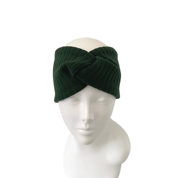 Satin lined ear warmer headband Green knit jersey turban headwrap for women