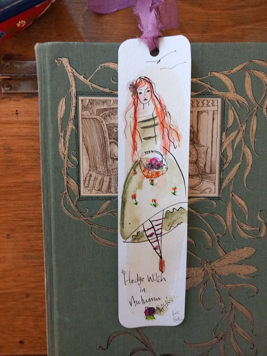 Hedge witch in Autumn ' Hand drawn and painted bookmark with silk ribbon '