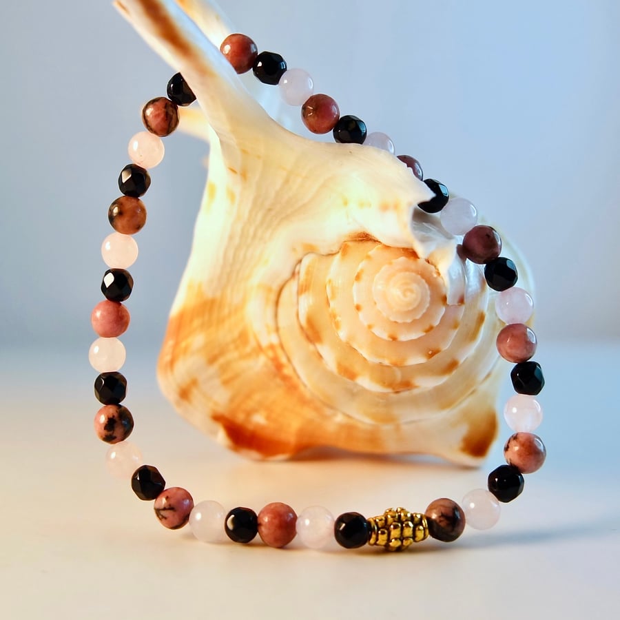 Onyx, Rose Quartz And Rhodonite Bracelet - Handmade In Devon
