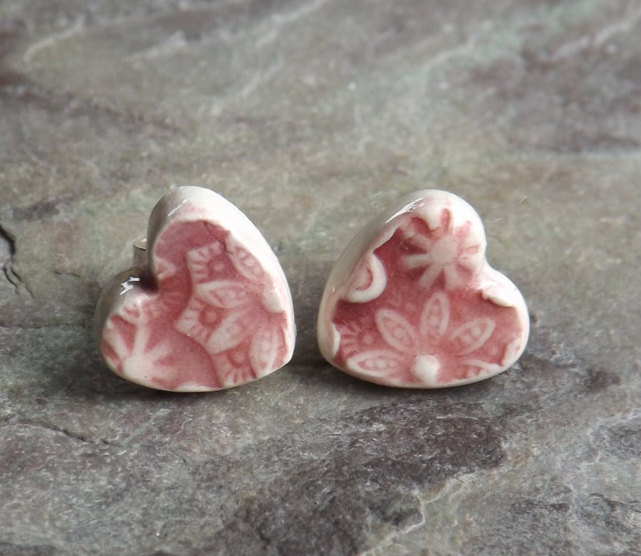 Handmade Ceramic and sterling silver Floral Heart stud earrings