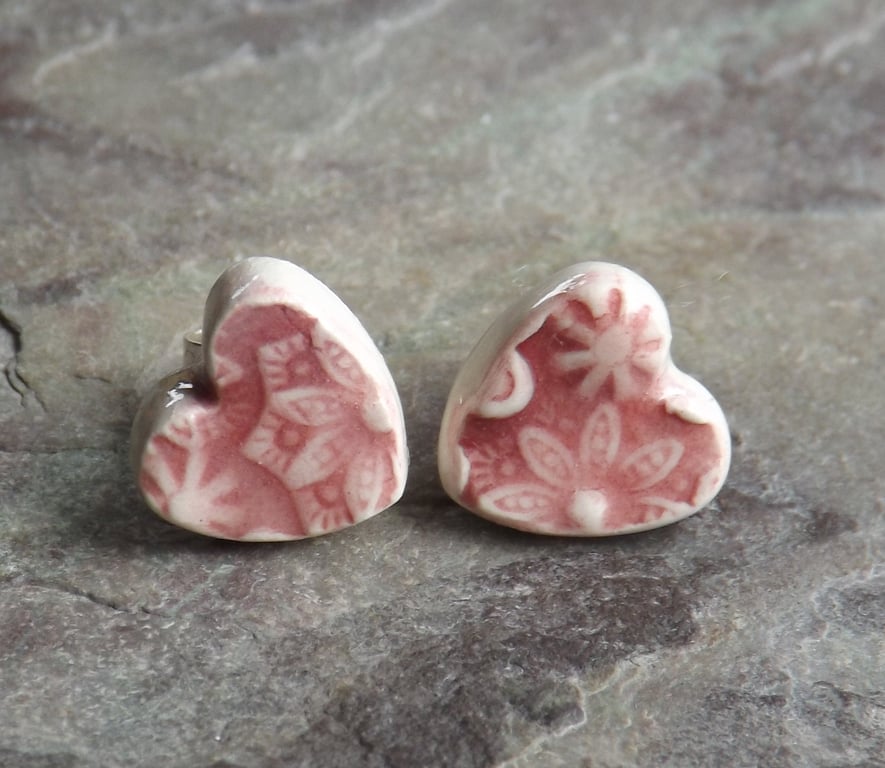 Handmade Ceramic and sterling silver Floral Heart stud earrings