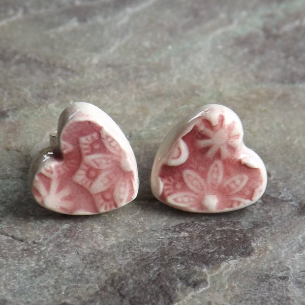Handmade Ceramic and sterling silver Floral Heart stud earrings
