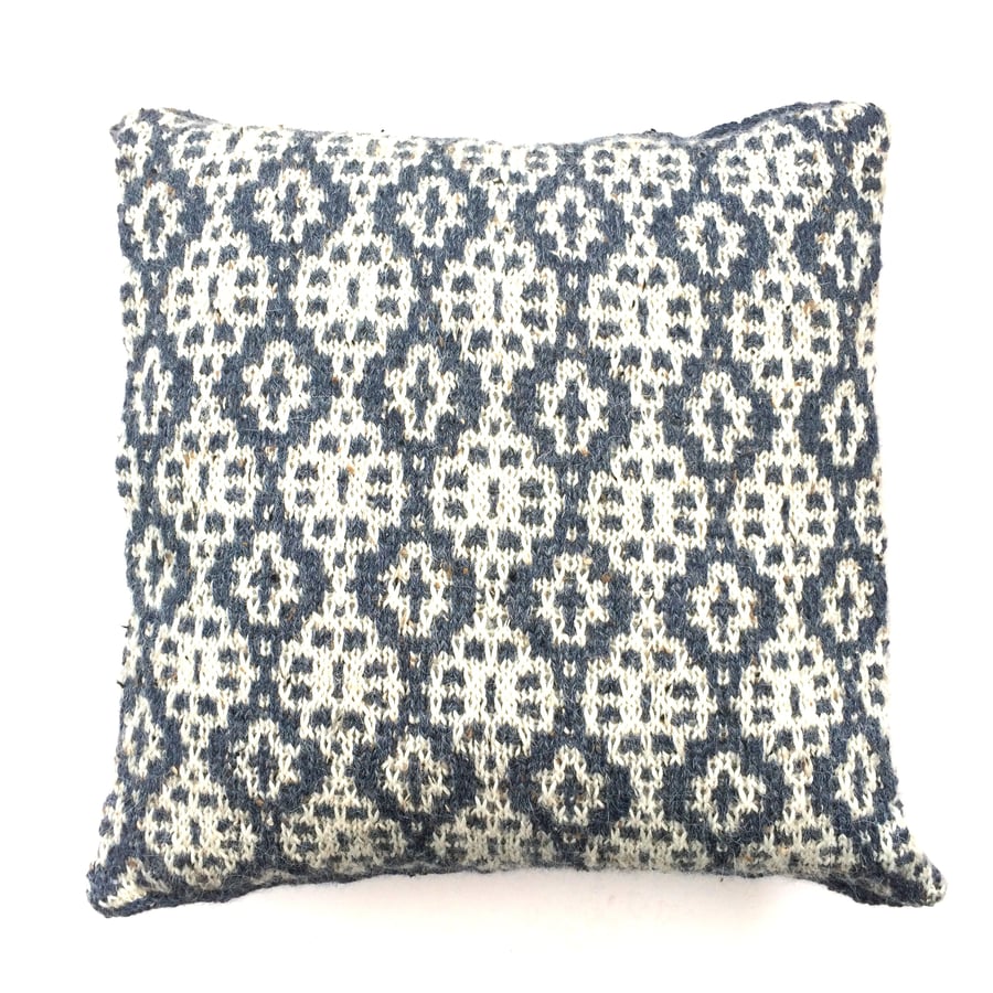 Blue and natural cushion cover  alpaca & acrylic knit