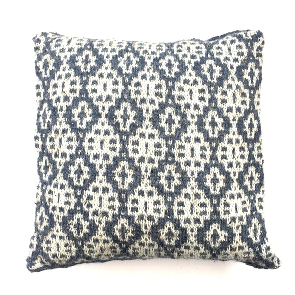 Blue and natural cushion cover  alpaca & acrylic knit