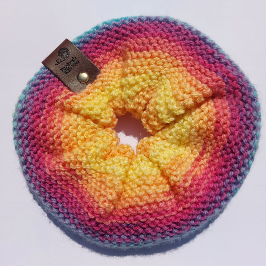 Hand Knitted Rainbow Burst XL Scrunchie - Oversized Colorful Hair Tie