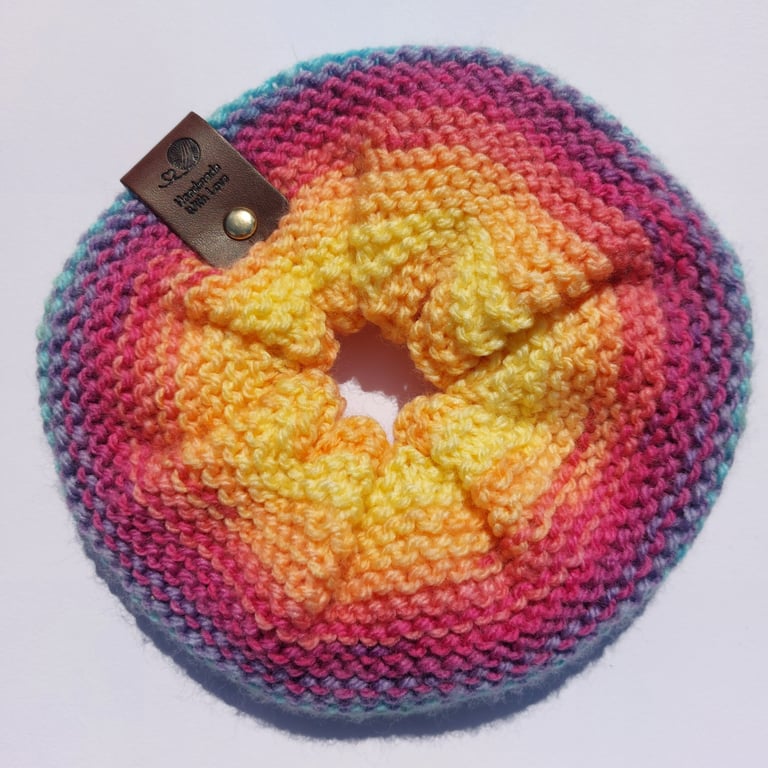 Hand Knitted Rainbow Burst XL Scrunchie - Oversized Colorful Hair Tie