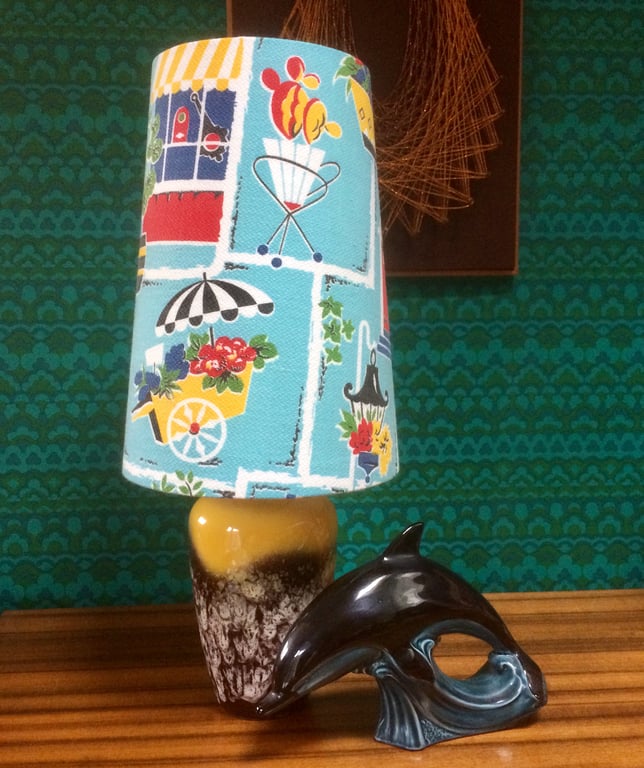 Blue Kitsch 50s MCM Plants and Planters VIntage Fabric Lampshade option 