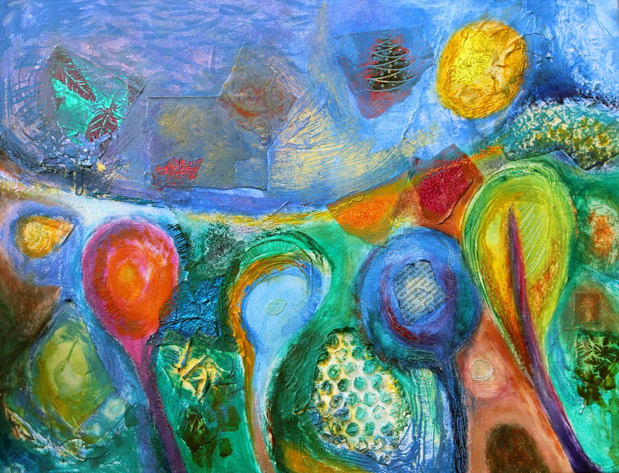 Colourful  Abstract Art, mixed media and oils landscape with textiles