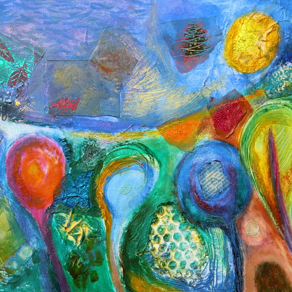 Colourful  Abstract Art, mixed media and oils landscape with textiles