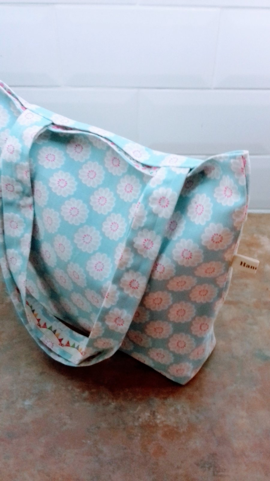 Shoulder bag tote bag in light blue cotton fabric with flowers