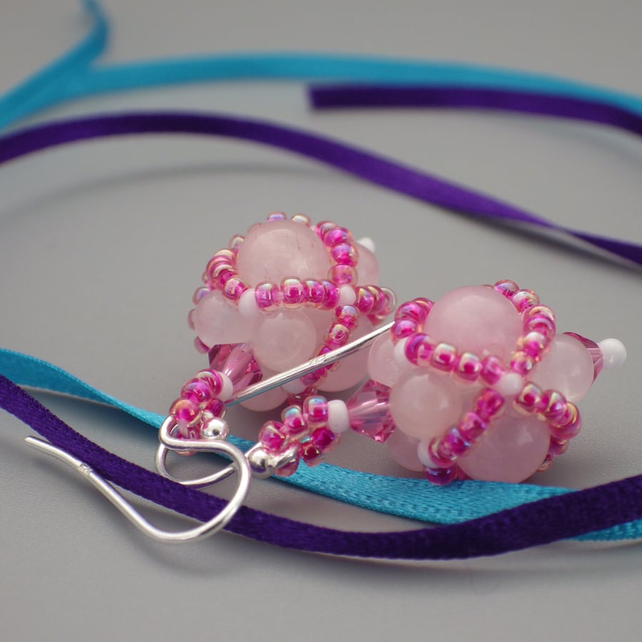 Netted beadwoven rose quartz and Swarovski crystal earrings