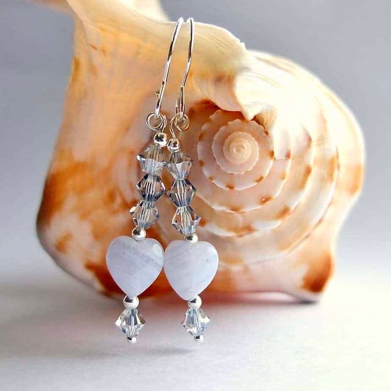 Blue Lace Agate Heart Earrings, Birthday Present, Anniversary, Gifts For Her