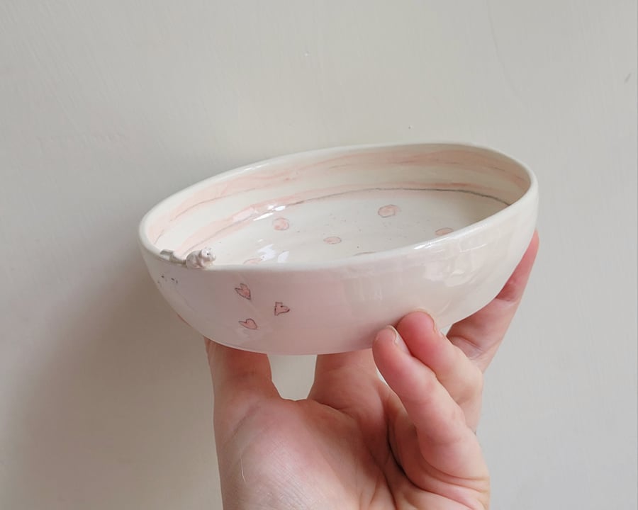 Hand made ceramic cat bowl with white mouse pink stripes spots and pawprints
