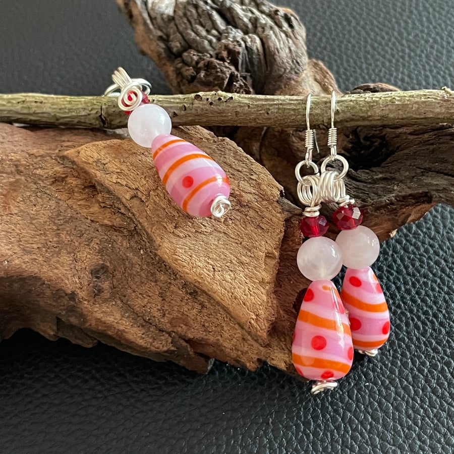 Rose Quartz & Pink Bead Pendant and Earrings Set 