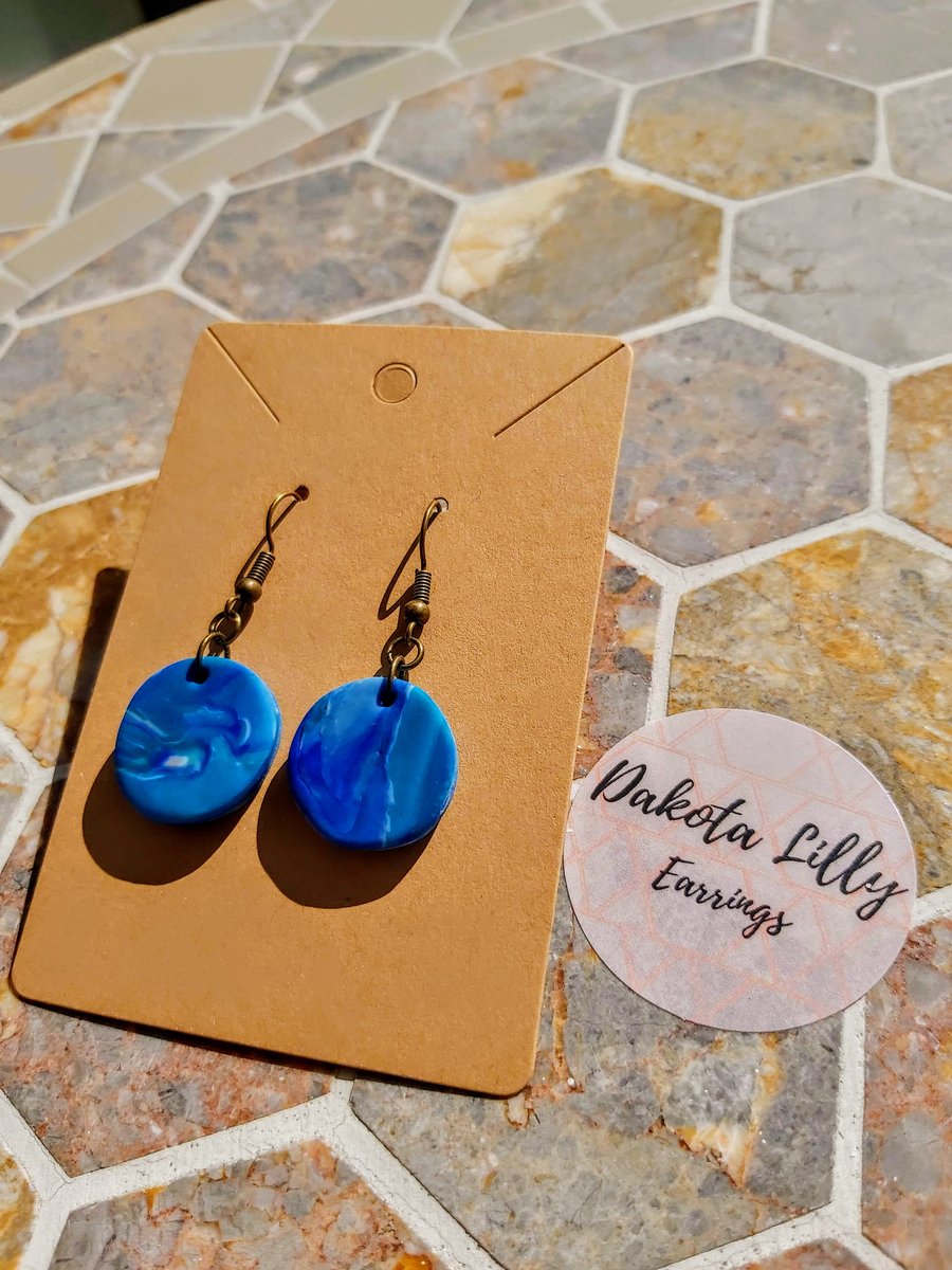 Blue and White polymer clay drop earrings on hooks
