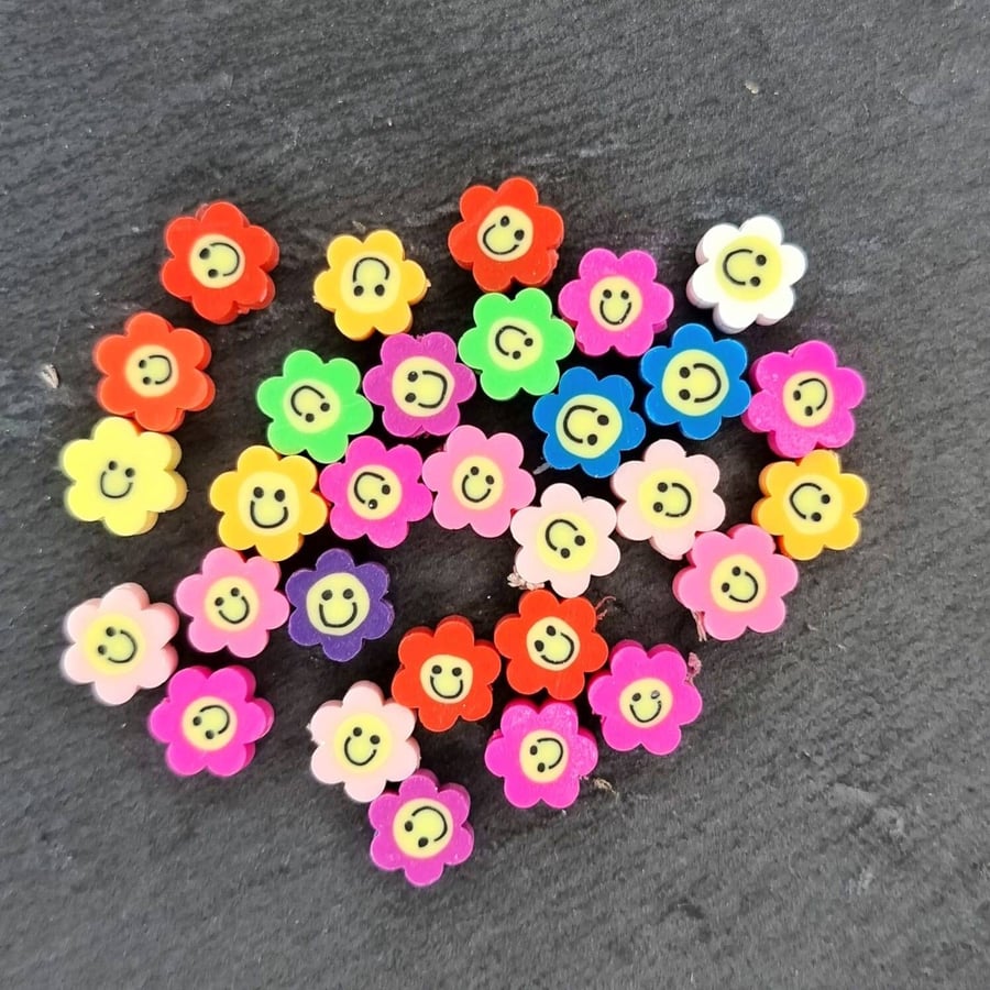 30 multi coloured polymer clay flower smiling beads