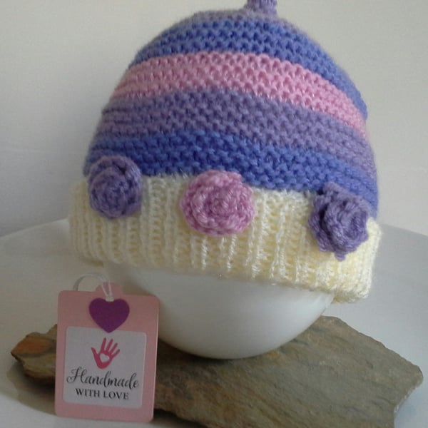 Hand Knitted Baby Girl's Rose Bud Beinie Hat 12 months size