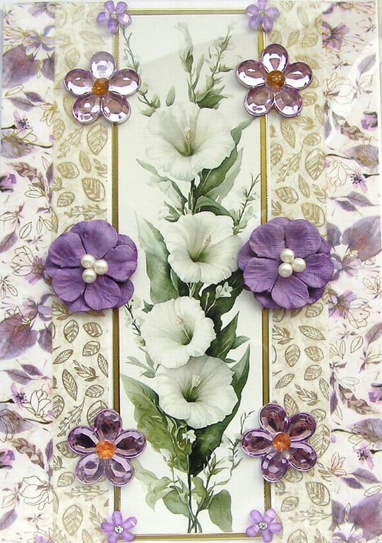 White Flowers Hand Crafted Decoupage Greeting Card - Blank 3257