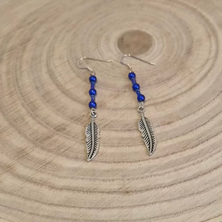 Sterling silver Blue feather charm earrings, small gift for her (EAR-0018)