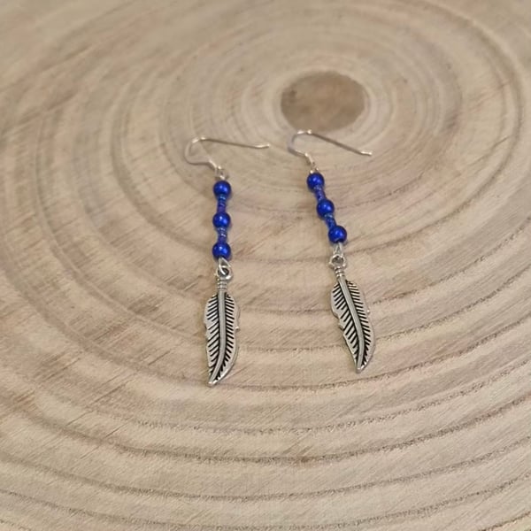 Sterling silver Blue feather charm earrings, small gift for her (EAR-0018)
