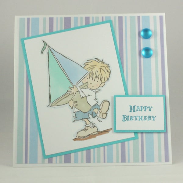 Handmade birthday card - boy with sailing boat 