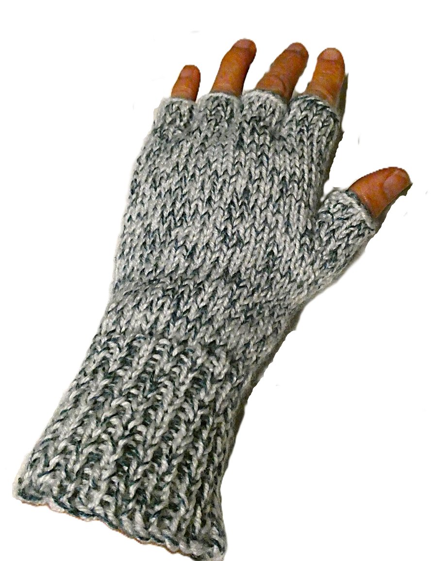 Knitted handmade green and white patterned fingerless gloves
