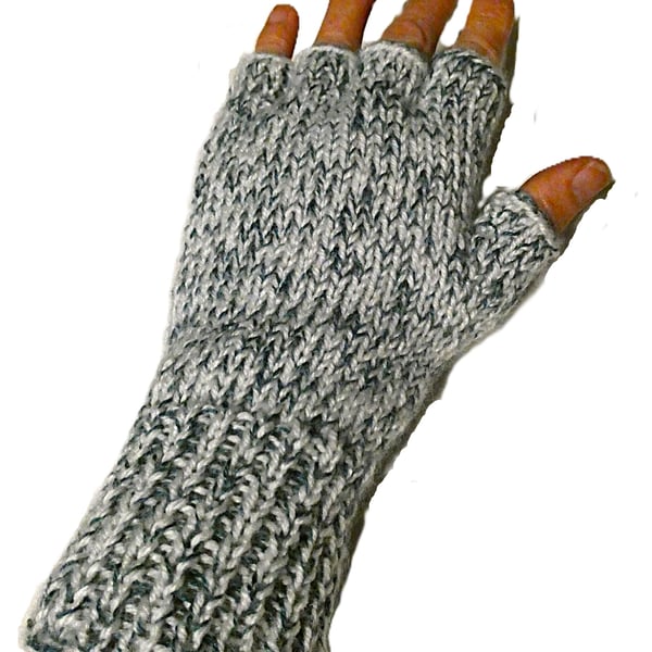 Knitted handmade green and white patterned fingerless gloves